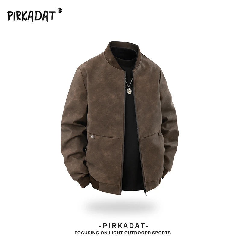 Pirkadat2025秋季新款翻领拉链皮衣男休闲宽松时尚简约百搭外套男