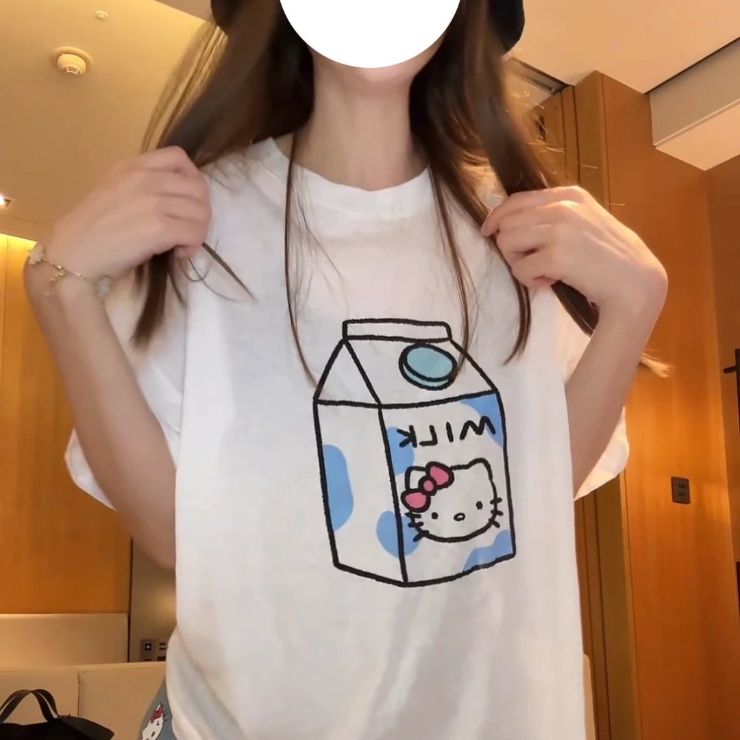 牛奶KT猫卡通印花宽松圆领短袖简约休闲减龄半袖T恤女