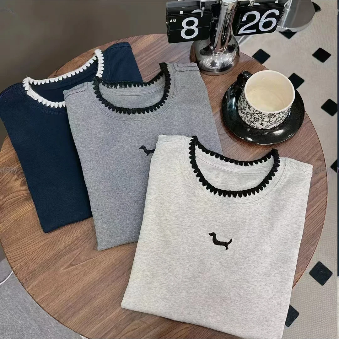 【钩花刺绣小狗】2025春夏季新款圆领短袖编织明线设计款T恤上衣潮