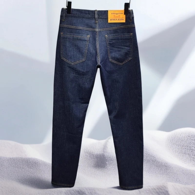 宾斯洛特时尚男士新款原色九分牛仔裤夏季休闲弹力修身长裤深蓝色