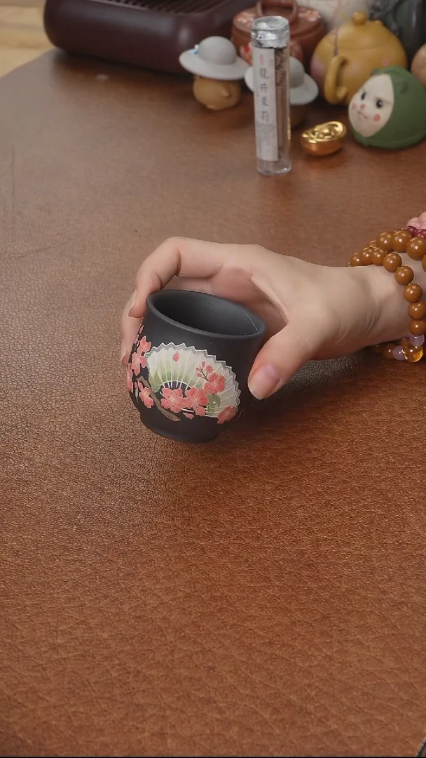 紫砂茶壶墨云砂桃花扇杯子