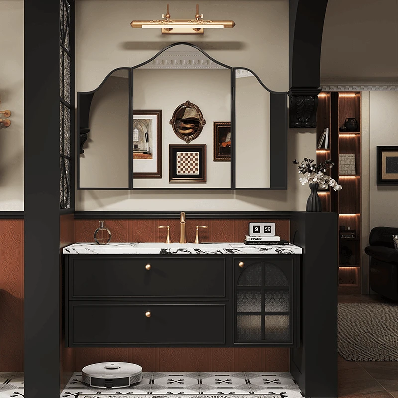 法式复古浴室柜组合卫生间陶瓷一体盆轻奢洗漱台橡木洗脸池洗手盆