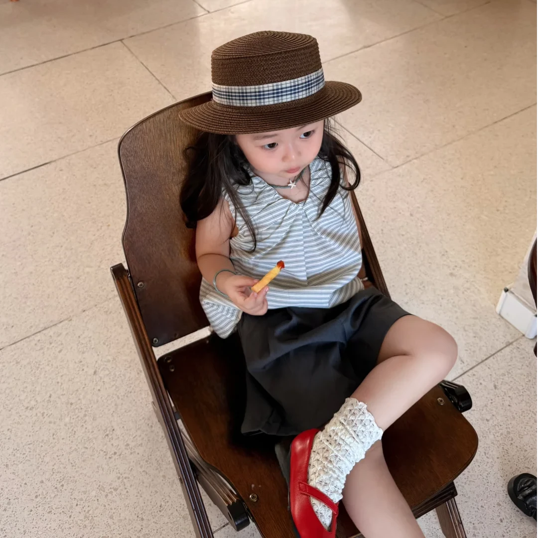 壹妈韩版童装女童夏装2025新款洋气儿童百搭无袖条纹背心西装裤潮