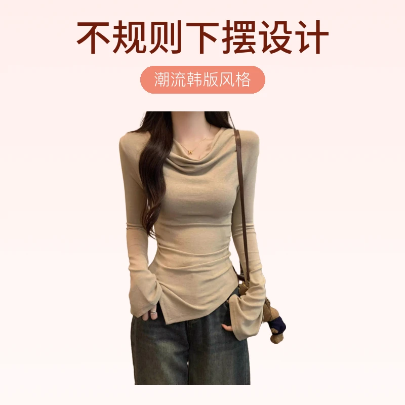 春秋辣妹一字肩长袖T恤女春季修身锁骨不规则设计感小众短款上衣
