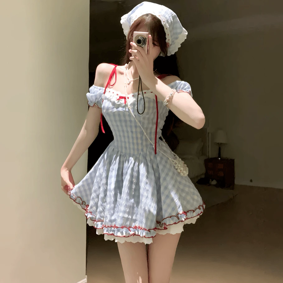 格林童话气质短裙夏季收腰显瘦性感甜美莫奈花园风法式方领连衣裙