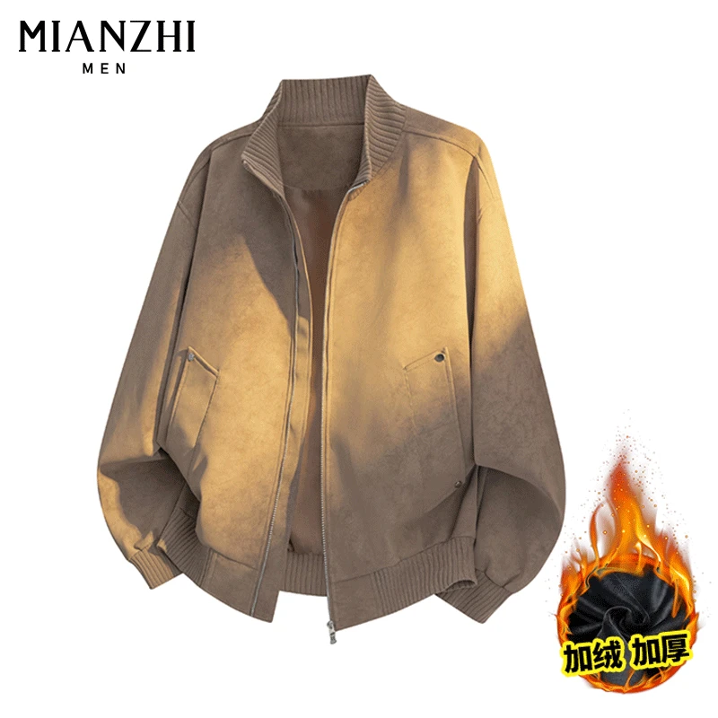 棉致潮牌秋冬季美拉德复古扎染PU皮夹克男士加绒保暖立领工装外套