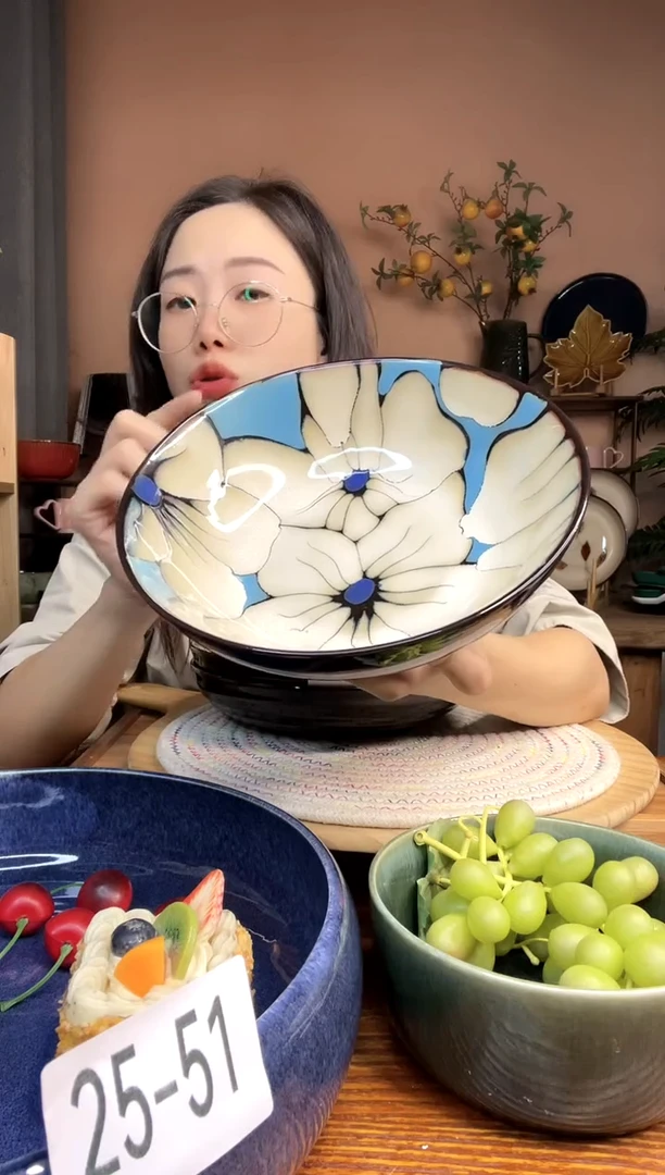 陶瓷8英寸玉兰蓝汤面碗 微瑕疵