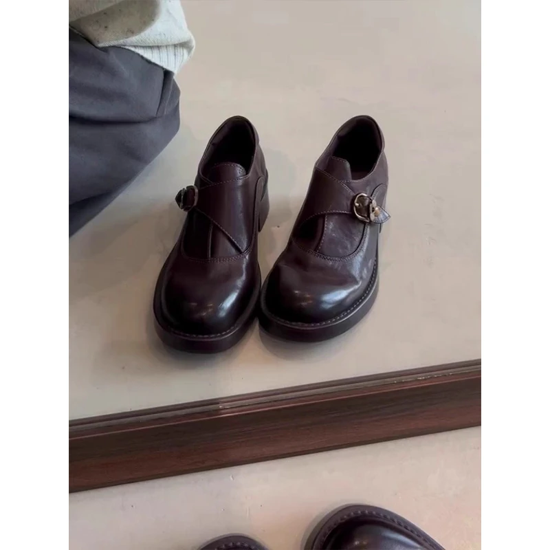 羊皮版~英伦风厚底皮带扣一脚蹬小皮鞋女通勤风休闲深口乐福单鞋