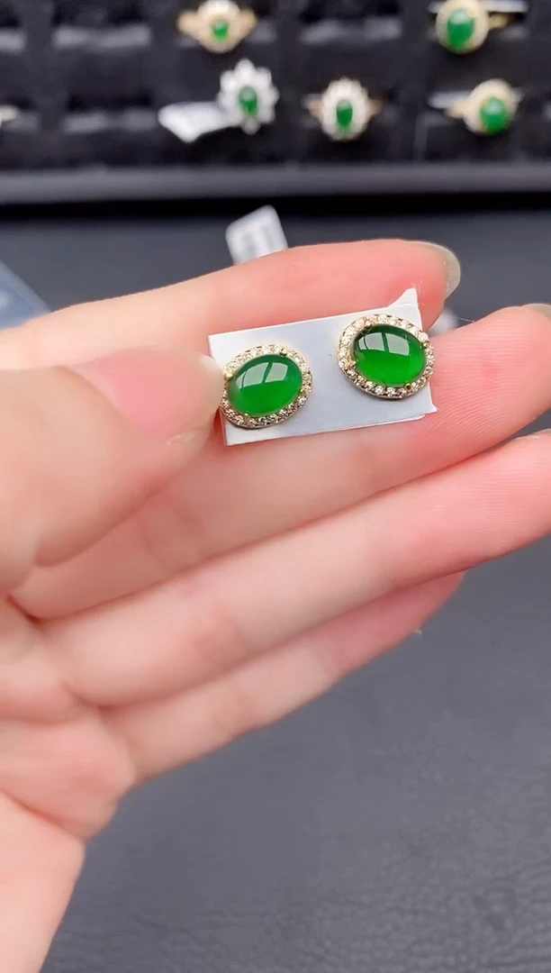 银S925镶嵌翡翠耳饰天然a货翡翠215