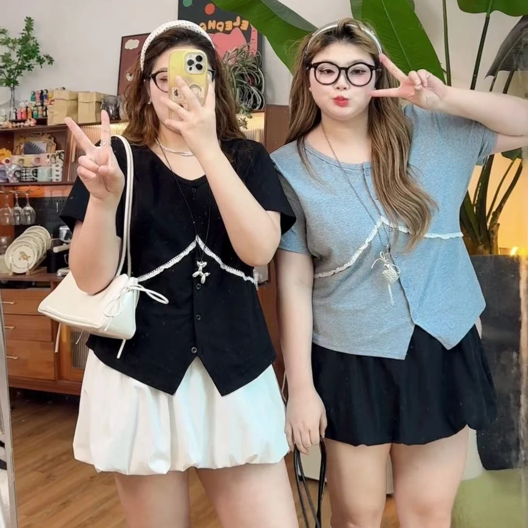 6911大码女装夏季新款蕾丝休闲风短袖宽松型T恤不规则开衫上衣