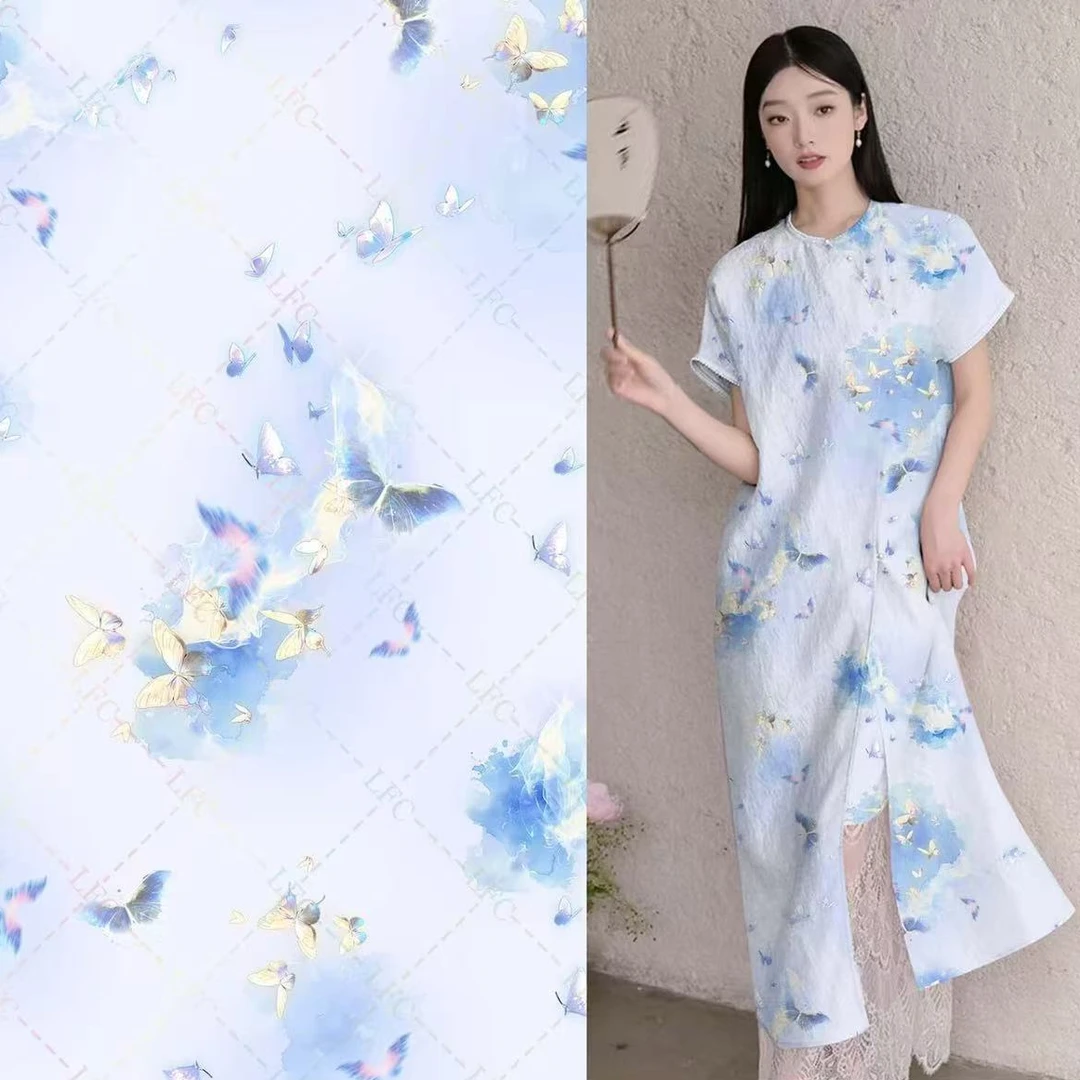 【银底冰蓝蝴蝶】100真丝香云纱  140幅宽