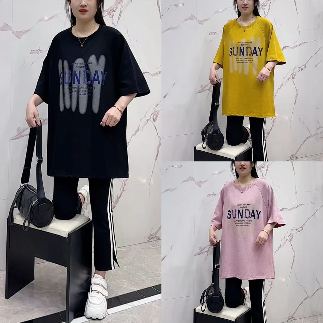 夏季洋气百搭字母印花T恤圆领百搭中长款宽松韩版短袖