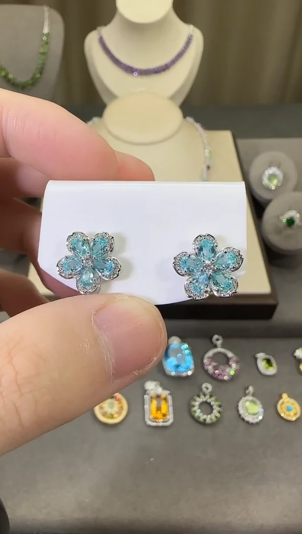 银S925镶嵌磷灰石耳钉15mm耳钉繁花设计款