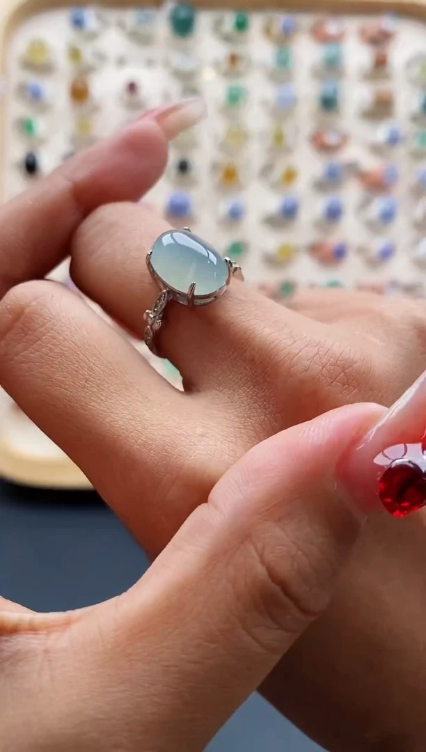 【闪购商品】翡翠戒指银S925镶嵌缅甸天然A货翡翠222 9-10