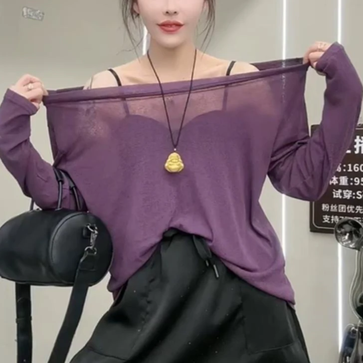 欧洲站一字领露肩微透网纱T恤女夏季新款气质薄款显瘦防晒衫上衣
