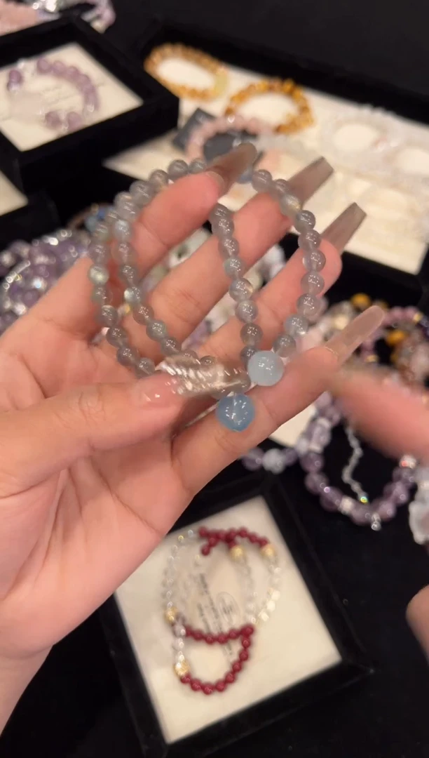 【闪购商品】水晶手链银S925镶嵌灰月光双圈手链x1179