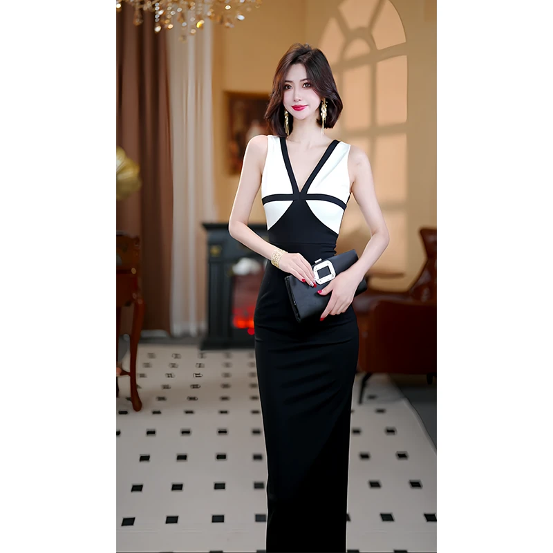 尤克菲儿  原创设计高定轻奢  夏季黑白拼接  塑性修身气质连衣裙