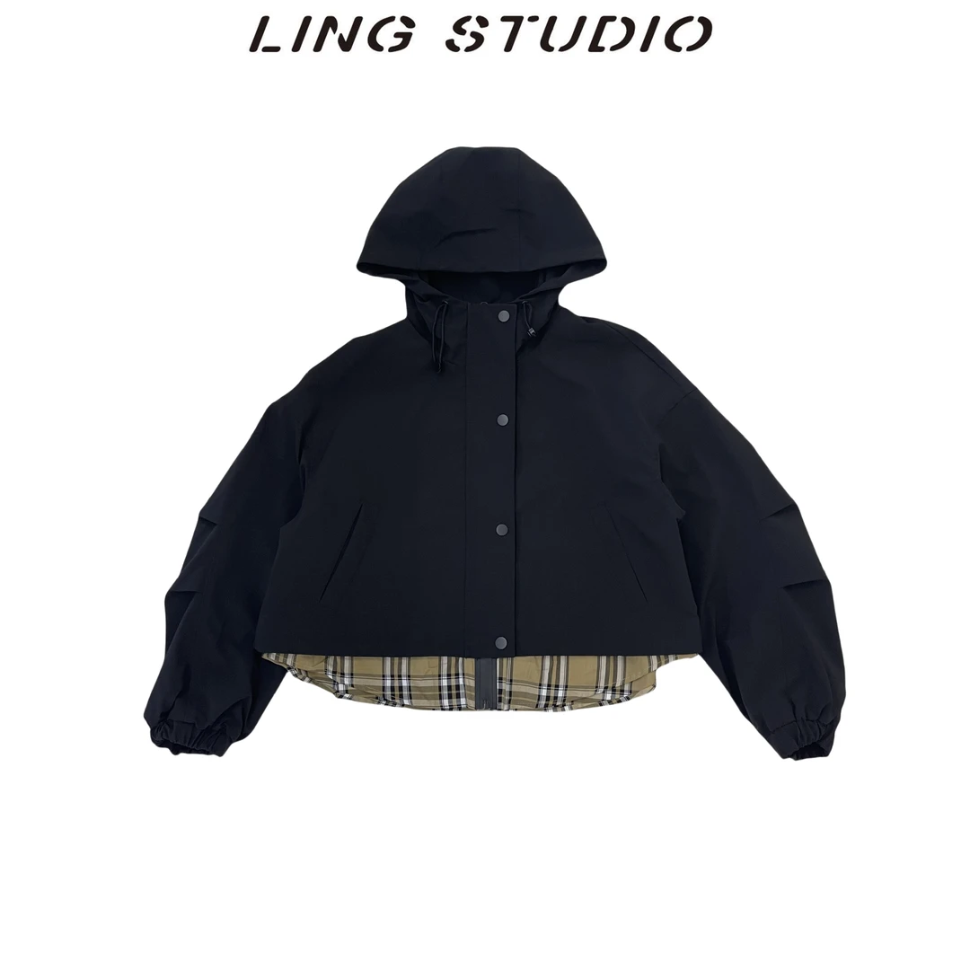 4080377 零零『』早春设计感撞色拼接风衣外套