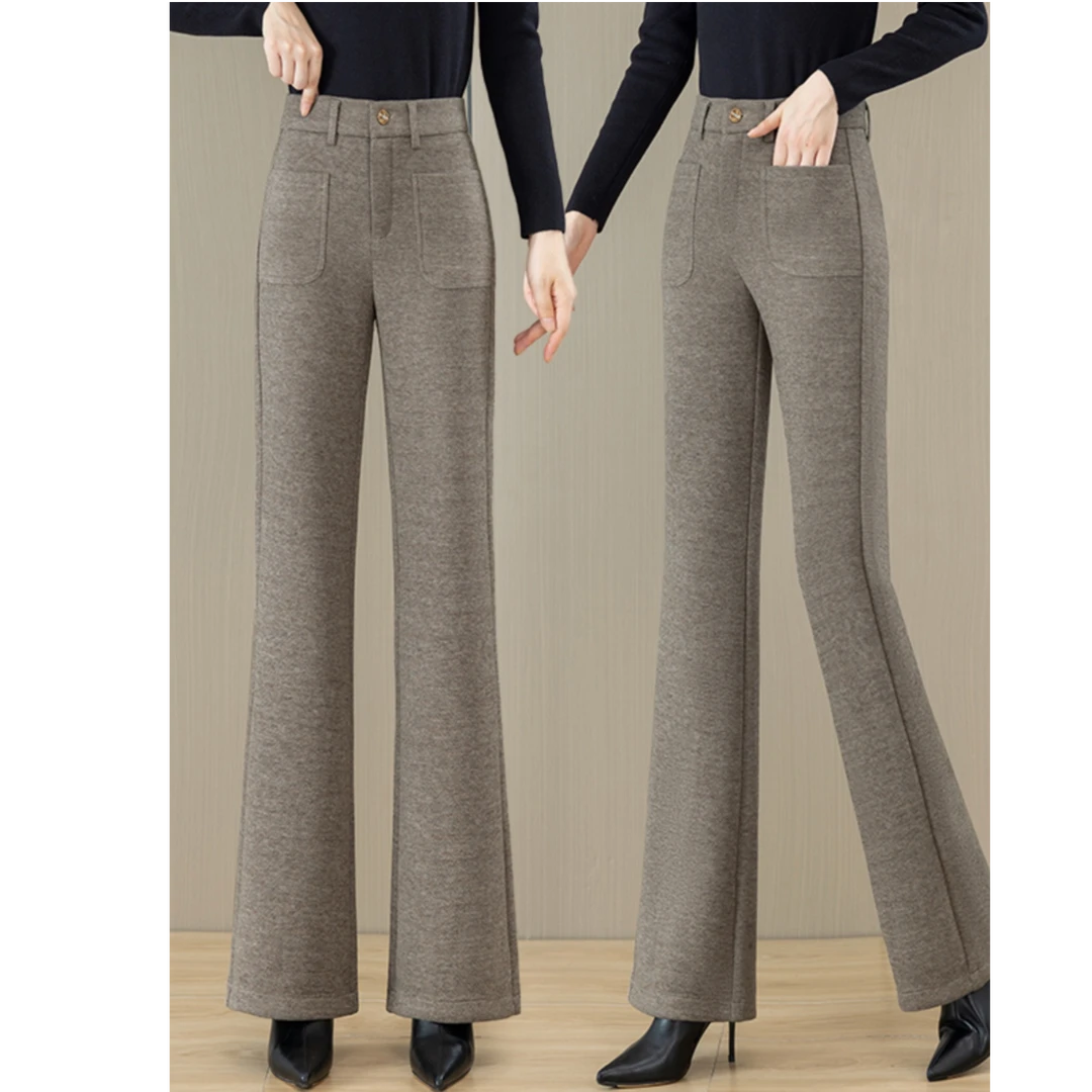 株洲女款2025羊毛呢微喇裤女秋冬季新款高腰毛呢休闲阔腿喇叭裤子