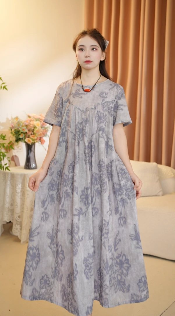 夏季新款复古风圆领宽松女装连衣裙收腰碎花显瘦气质修身长裙