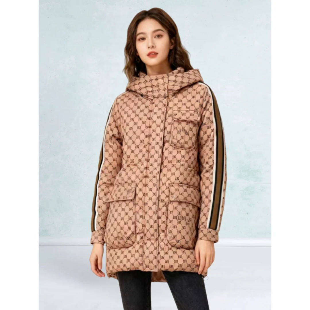 Y921拼接印花时尚女装中长款拉链连帽羽绒外套