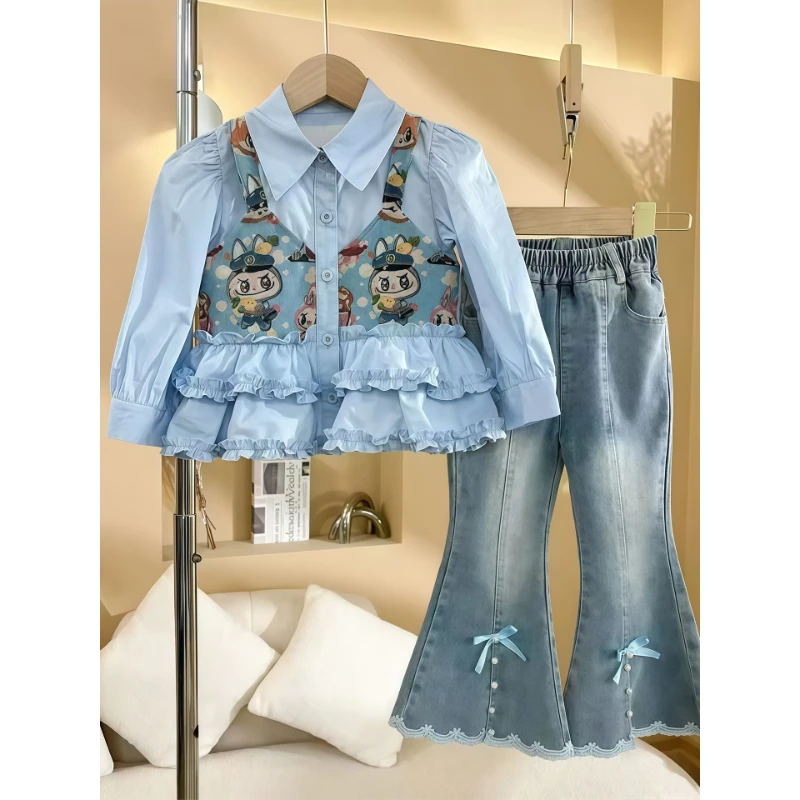 女童牛仔喇叭裤套装春秋2025新款儿童秋装女孩卡通衬衫两件套洋气
