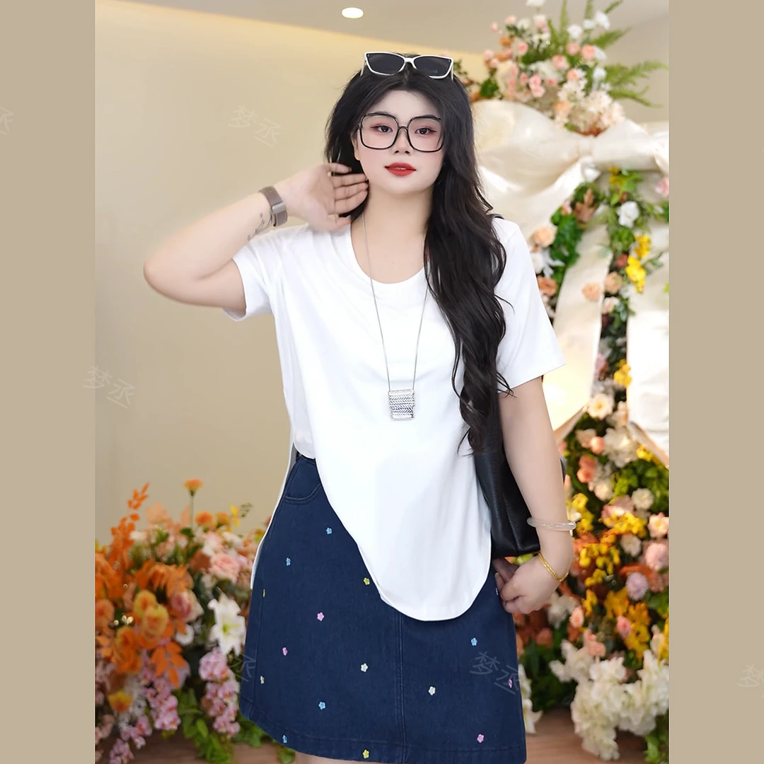 梦丞-大码女装宽松圆领纯色系上衣简约时尚显瘦舒适百搭T恤