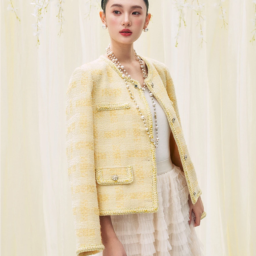 【盛都】25早春新款法式千金黄色粗花呢短款小香风上衣外套毛毛