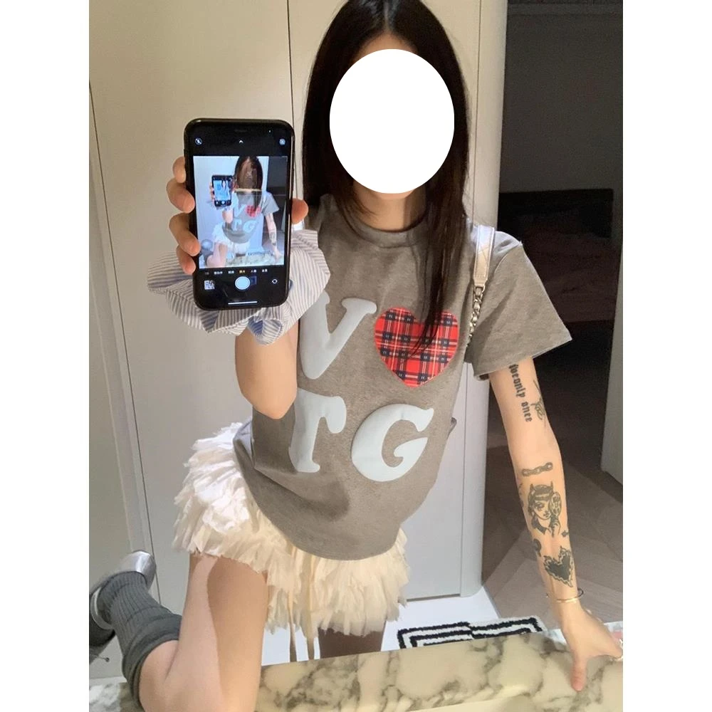 【运补6】2025美式复古爱心字母印花圆领短袖T恤情侣潮牌宽松休闲
