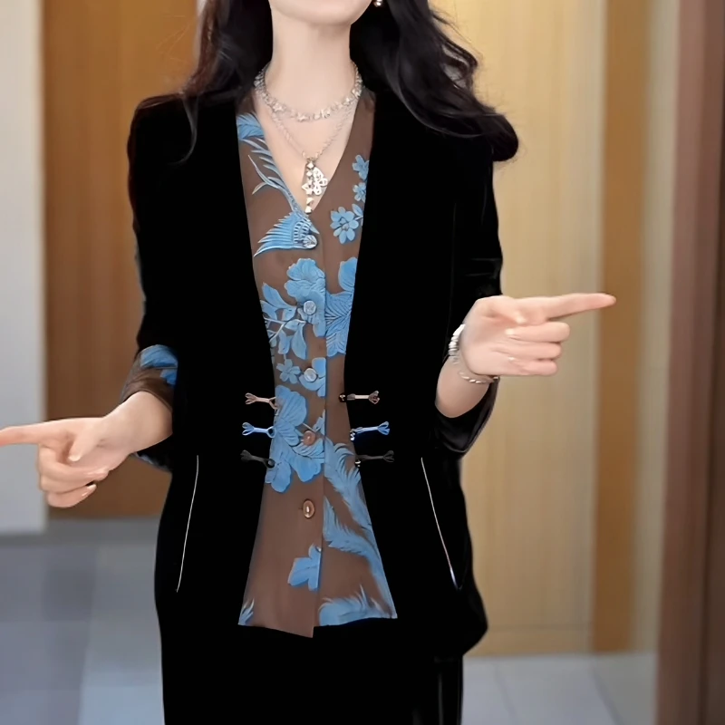 新中式丝绒高品质女士外套新款秋季时尚假两件设计感拼接上衣2653