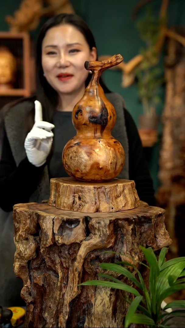 木雷击枣木葫芦摆件+底座