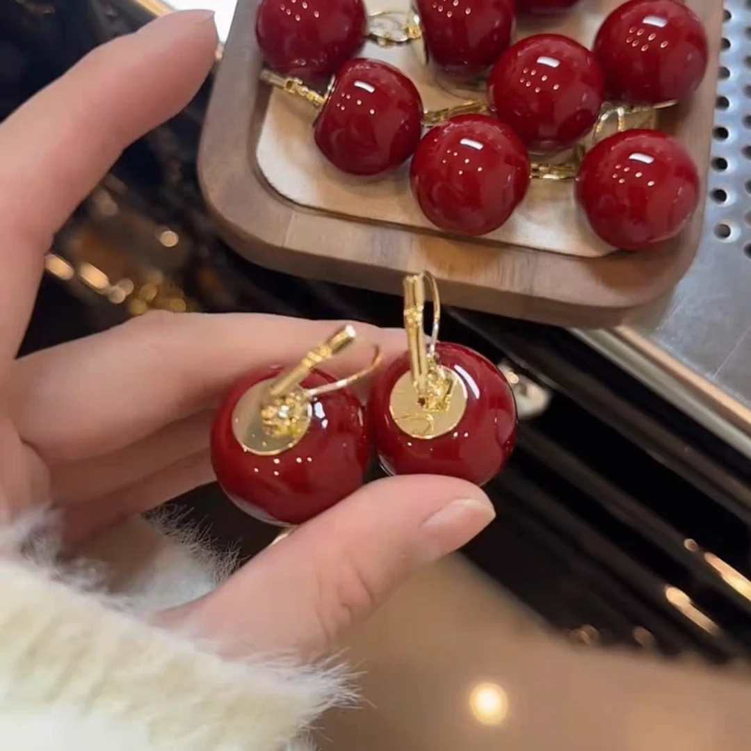 铜合金贝壳耳饰 酒红色珠珠耳坠轻奢小众高级感车里子百搭耳环女