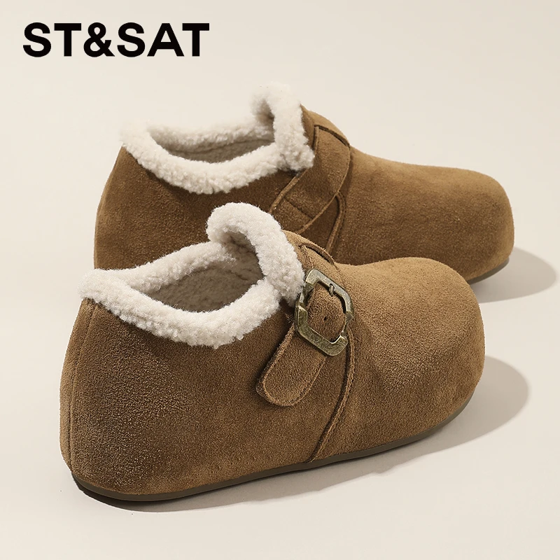 星期六真皮卡皮巴拉复古勃肯鞋女款2025冬季加绒棉鞋糯叽叽毛毛鞋