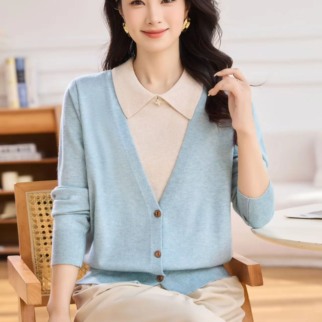 翻领针织衫女春季新款2024时尚高级感妈妈装假两件806