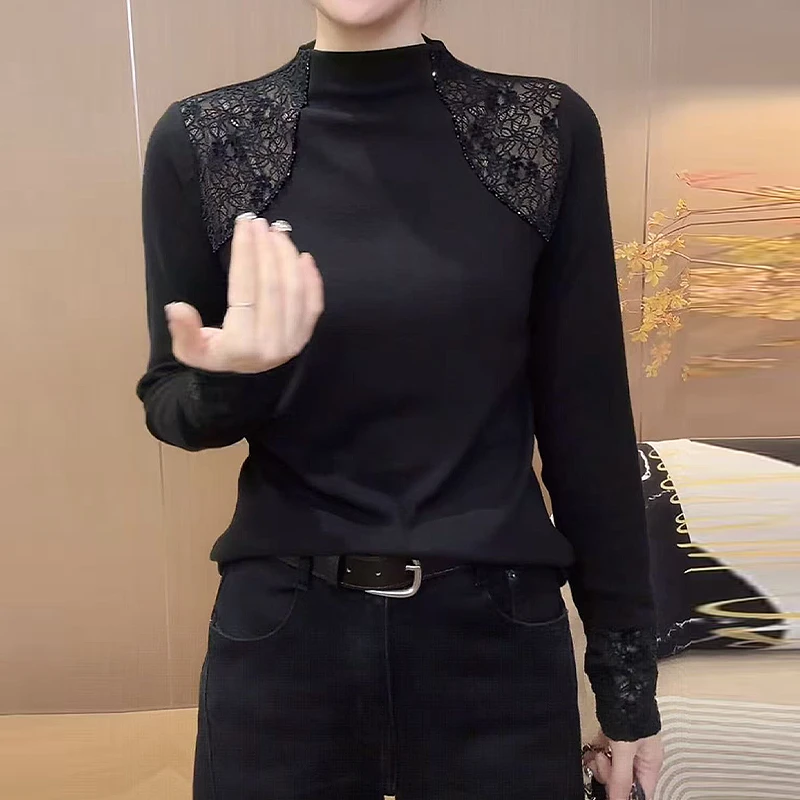 2025早秋新品钉珠漏洞设计半高领潮流洋气时尚百搭上衣显瘦打底衫