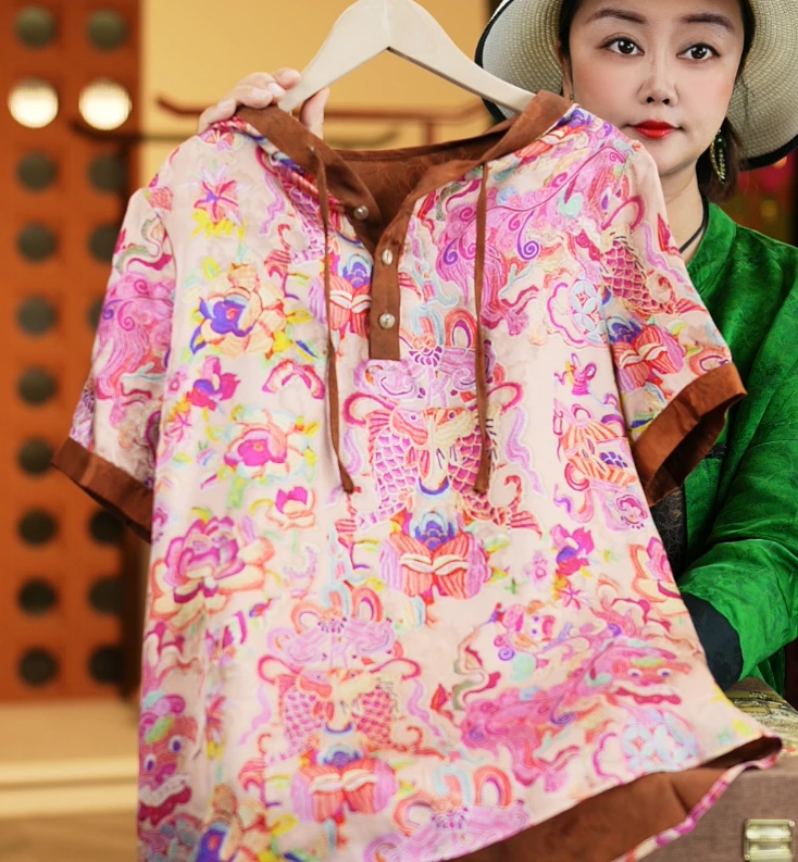 绝句【非遗美学】双鱼戏莲原创花萝连帽真丝上衣1149