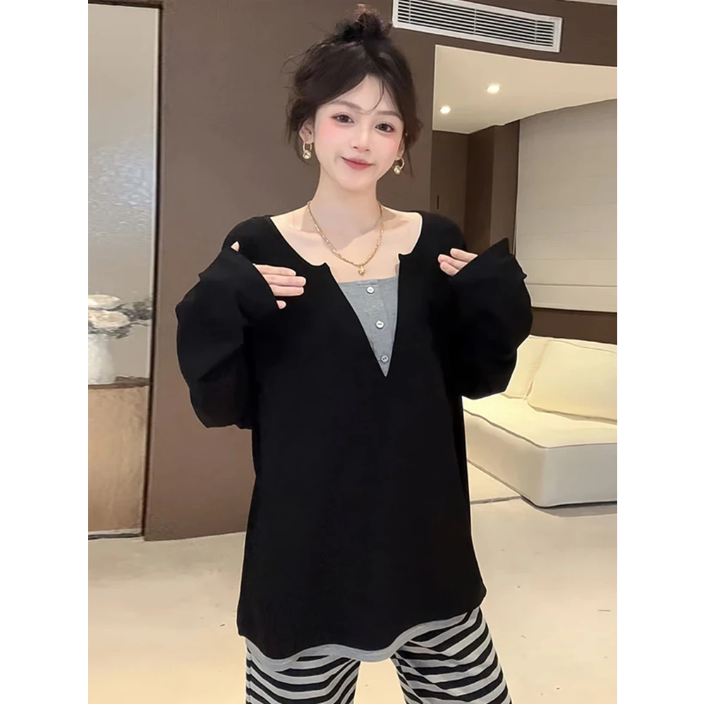 黑灰撞色假两件长袖t恤女慵懒松弛感早秋韩系穿搭显瘦巨好看上衣