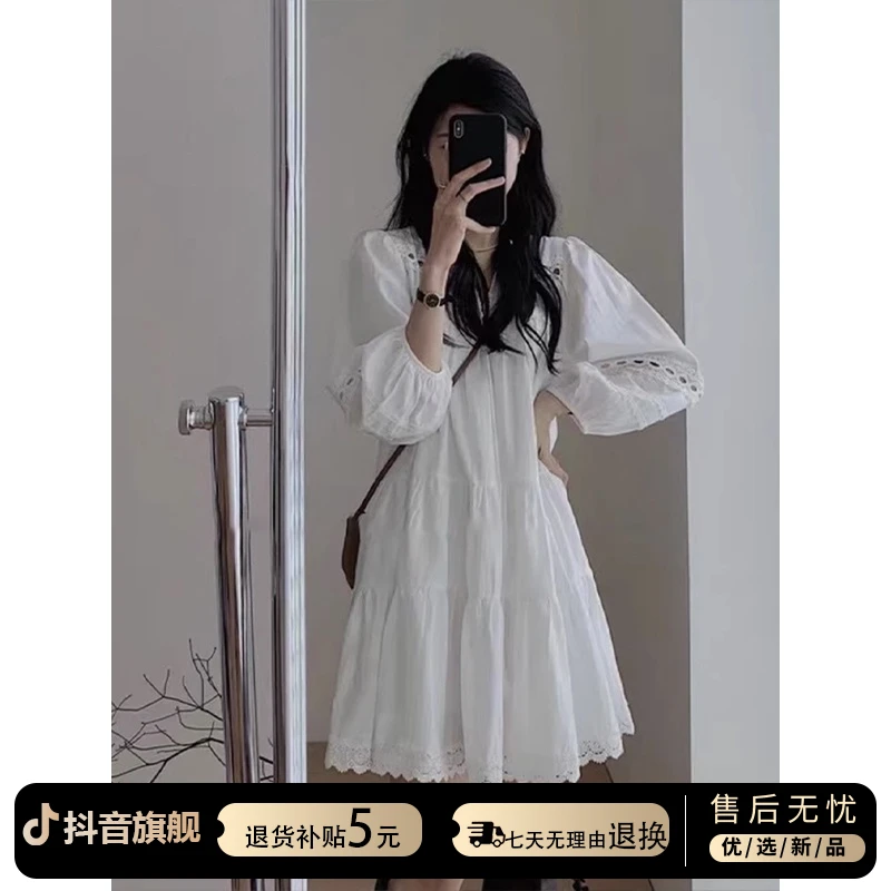 法式白色泡泡袖衬衫连衣裙女2025夏季新款海边度假风显瘦长裙