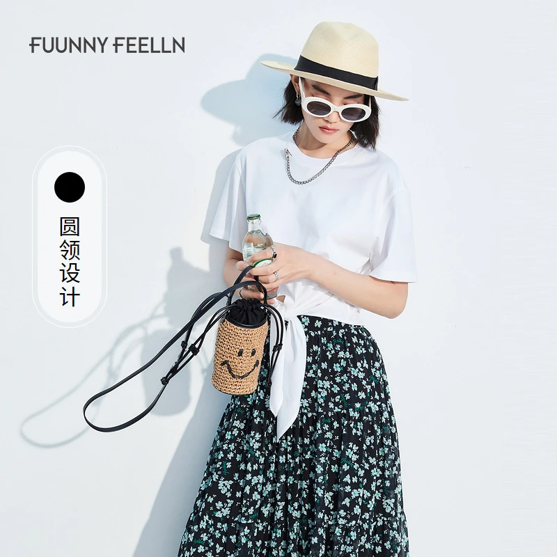 FF仿佛夏季短袖女T恤纯棉正肩绑带设计感小个子FM00988