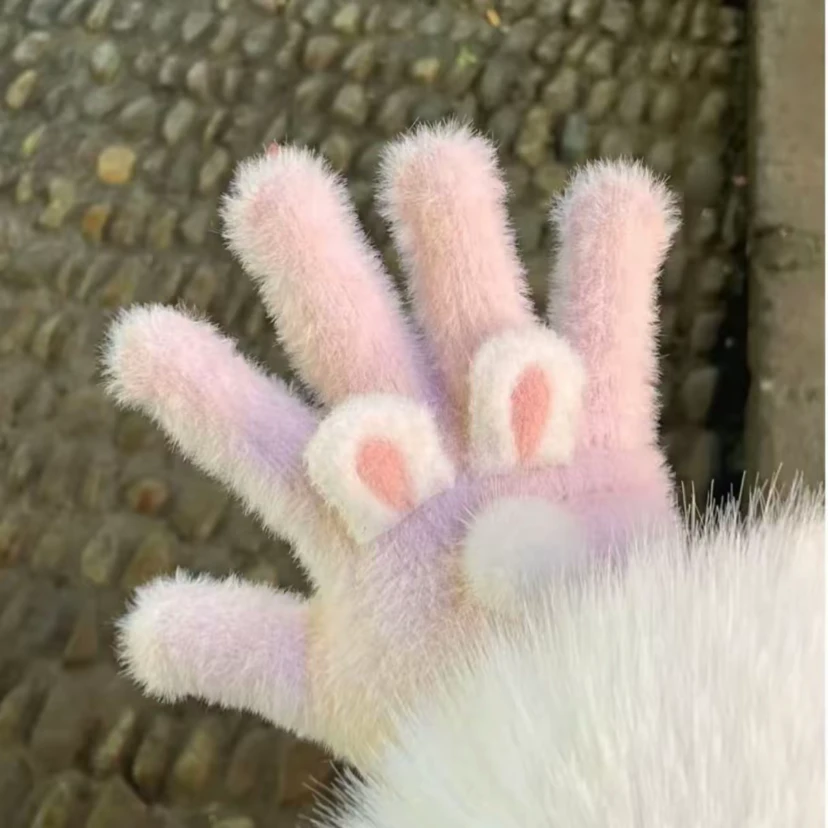 猫咪耳朵可爱少女心针织手套保暖分指毛绒冬天骑行学生防寒YM