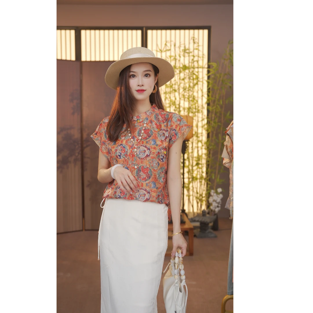 CJ 【发财】新中式2025夏季气质百搭提花立领短袖上衣女YY25071003