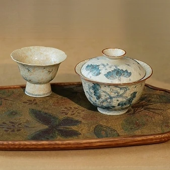 原矿火石红-缠枝莲-元宝盖碗茶壶二才-釉手绘元青花茶具茶壶茶具