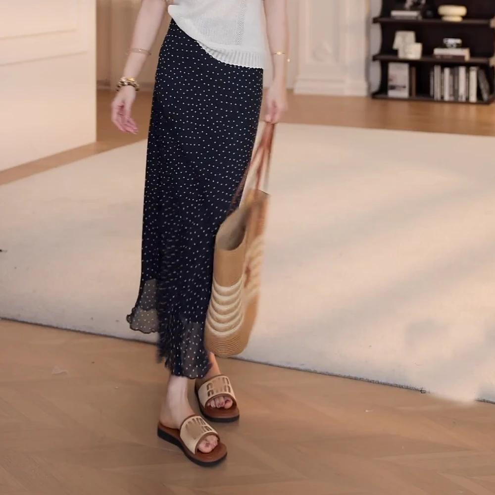 夏季显瘦松紧腰波点裙斜花边网纱半身裙女2025夏季新款中长款裙子