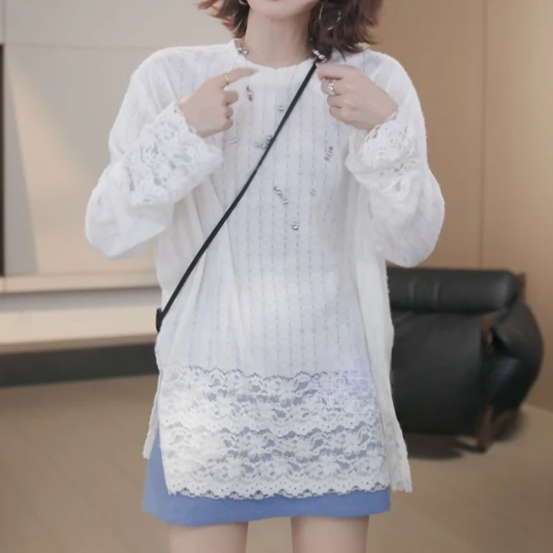 【温柔雅致】松弛感圆领竖条纹蕾丝拼接长袖T恤LK2507730