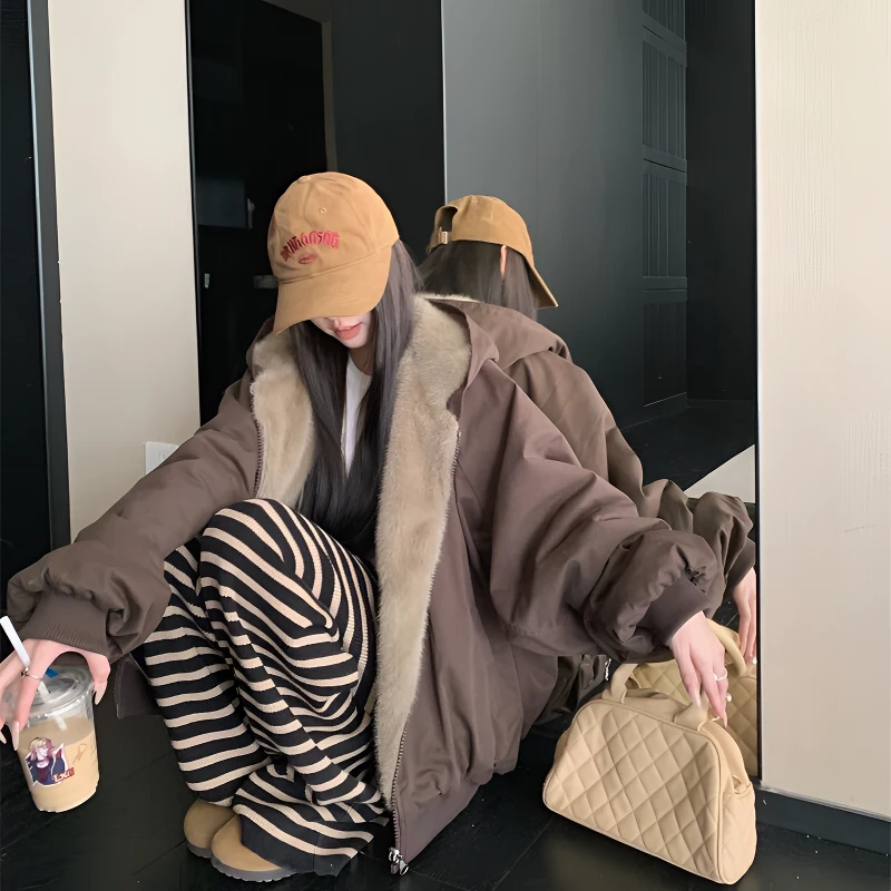 两面穿加绒加厚连帽棉服2025新款宽松大学生ins风保暖棉袄外套女