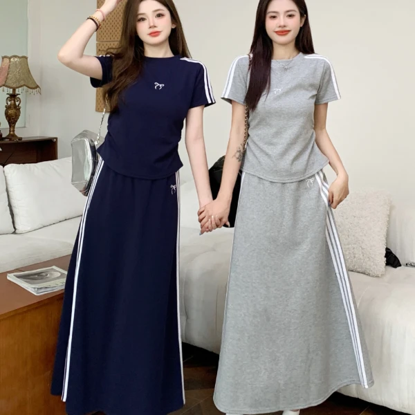 韩版慵懒运动休闲套装时尚三条杠短袖T恤半身裙高腰两件套装