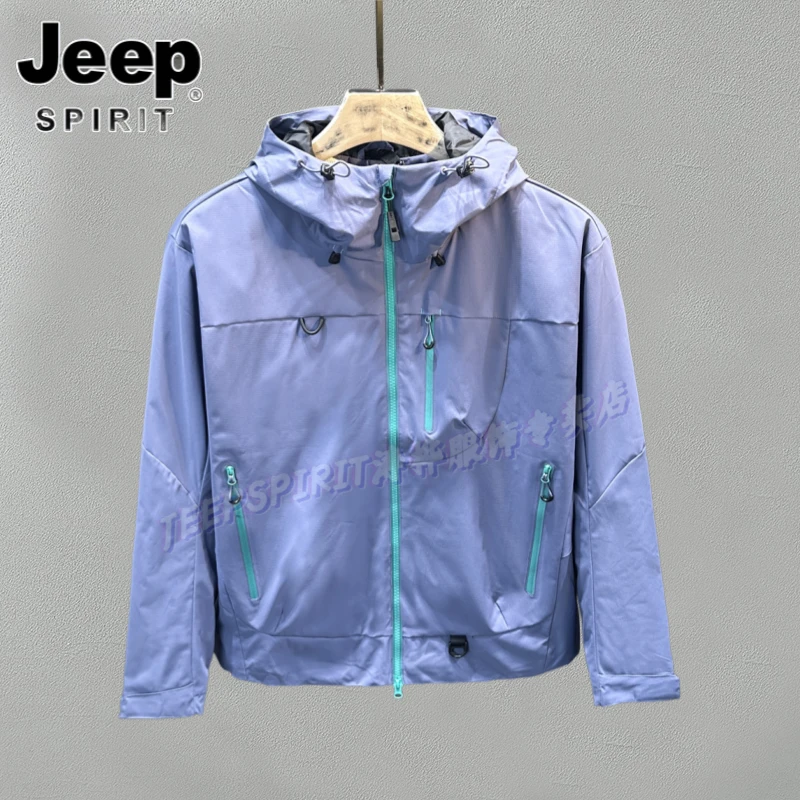 Jeep吉普春秋季运动风夹克纯色连帽冲锋上衣大口袋设计感男士外套