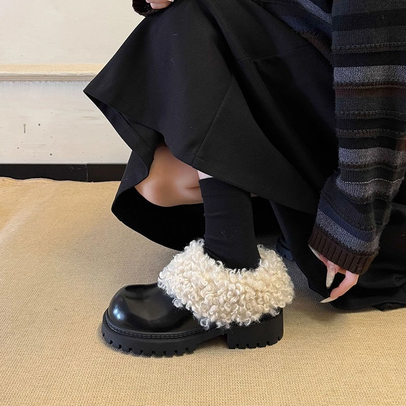 韩版厚底粗跟复古毛毛鞋女外穿2025秋冬新款加绒玛丽珍小皮鞋棉鞋
