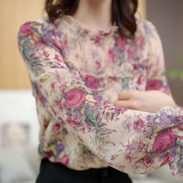 七七 春装新款立领碎花网纱长袖OL职业气质上衣女