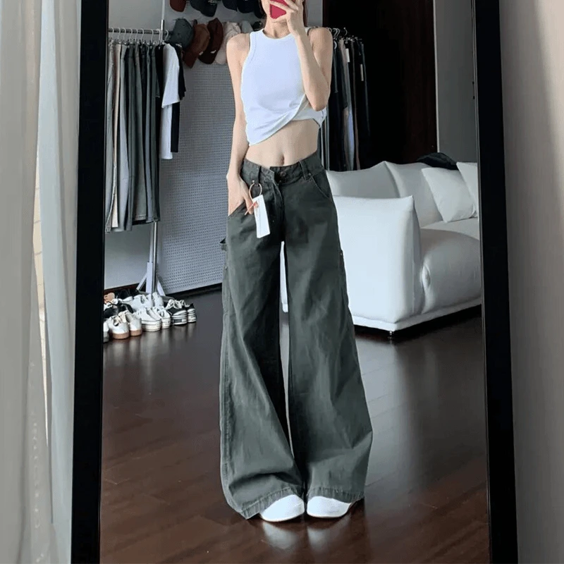 高腰韩版新款显瘦军绿色工装牛仔裤夏季美式复古宽松直筒拖地长裤